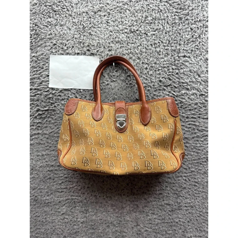 Dooney & Bourke Women's Logo Monogram Canvas Leather Trim Top Handle Bag Brown